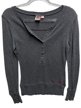 Roxy Y2K Fitted Slinky Cotton Knit Henley Lightweight Thermal Top Sweatshirt